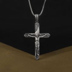 Handmade Jesus of Nazareth on Cross Pendant, Sterling Silver Victorian Style Cross Necklace,  Religious Mens Jewelry, Christianity Necklace  ✅ Beautifully crafted pendant  ✅ High-quality materials for durability  ✅ Detailed and intricate design pendant necklace  ✅ Makes a thoughtful gift for someone special    ★Item Details  * Gender: Male / Female  * Material: 925 Sterling Silver  * Finish: Oxidized / Polished / Gold Plated  * Pendant Weight: 16.75 Grams  * Pendant Diameter: 3.40 - 5.00 Cm / 1. Handmade Pendant Necklace For Father's Day, Crucifix Necklace With Large Pendant As Gift, Large Crucifix Pendant Necklace As A Gift, Gift Crucifix Necklace With Large Pendant, Symbolic Crucifix Necklace For Gift, Engraved Crucifix Necklace As Gift, Engraved Cross Pendant Necklace For Father's Day, Spiritual Cross Necklaces For Collectors, Symbolic Handmade Cross Pendant Necklace