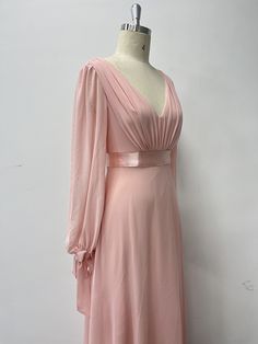 Women's Pink Chiffon Lace-Up Long Sleeve V-Neck Evening Gown Sheer V-neck Maxi Dress For Formal Occasions, Feminine Evening Chiffon Dress With V-neck, Fitted V-neck Chiffon Dress In Feminine Style, V-neck Chiffon Dress For Banquet, Feminine V-neck Chiffon Party Dress, Elegant Chiffon Dress With Sheer Sleeves And V-neck, Sheer V-neck Maxi Dress For Prom, Feminine Pink V-neck Chiffon Dress, Fitted Sheer V-neck Chiffon Dress