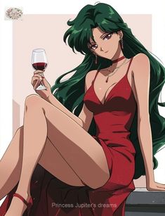 a woman in a red dress holding a glass of wine and sitting on a ledge