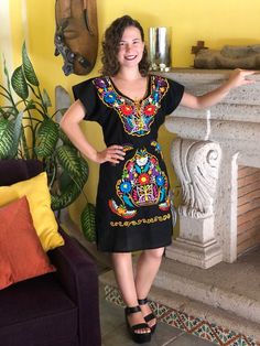 Beautiful dress embroidered with bright colors by artisans from the state of Oaxaca, to pour on any occasion. This dress has straps to adjust at the back. Each dress has a unique embroidery, so colors may vary. The short sleeveless and embroidered dresses hand, they are also beautiful, unique pieces. Mexican textile art has centuries of history and creativity throughout the country. Mexico is recognized as one of the leading countries with a beautiful artistic production in the textile world, mi Festival Dresses With Geometric Embroidery, Multicolor Folk Style Dresses For Festivals, Multicolor Beach Dress With Geometric Embroidery, Traditional Dress With Multicolor Floral Embroidery, Traditional Multicolor Floral Embroidery Dress, Folk Style Dresses With Intricate Multicolor Embroidery, Multicolor Geometric Embroidery Beach Dress, Folk Dress With Geometric Embroidery For Festivals, Multicolor Geometric Embroidery Dress For Festivals