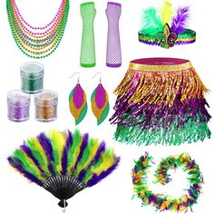 a variety of mardi gras decorations and accessories