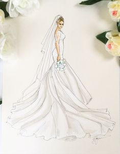 a drawing of a woman in a wedding dress with flowers on the table behind her