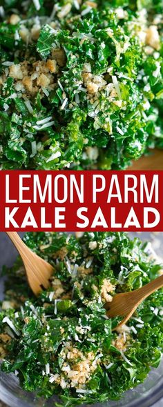 kale salad with lemon dressing topped with parmesan cheese and toasted breadcrumb croutons Parmesan Kale Salad, Garden Recipes, Healthy Salad Recipes, Healthy Salads, Delicious Salads, Soup And Salad