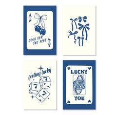 four cards with the words lucky, lucky and lucky in blue ink on white paper