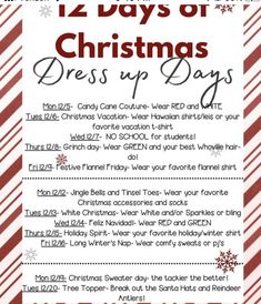 the 12 days of christmas dress - up days list is shown in red and white