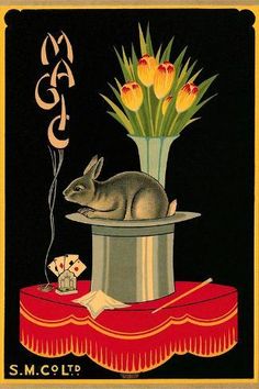 a rabbit sitting on top of a hat with flowers in the back and letters above it