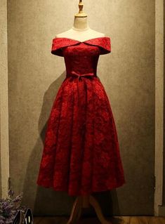 Gorgeous Red Lace Off Shoulder Tea Length Bridesmaid Dress, Red Party Dress on Luulla Tea Length Evening Dress For Prom Season, Red Knee-length Evening Dress For Prom Season, Red Knee-length Evening Dress For Prom, Red Tea Length Formal Dress, Red Tea Length Dress For Formal Occasions, Red Tea-length Dress For Formal Occasions, Red Knee-length Prom Dress, Red Prom Season Banquet Dress, Elegant Red Bridesmaid Dress For Prom Season