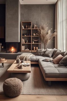 a living room filled with furniture and a fire place in the middle of the room