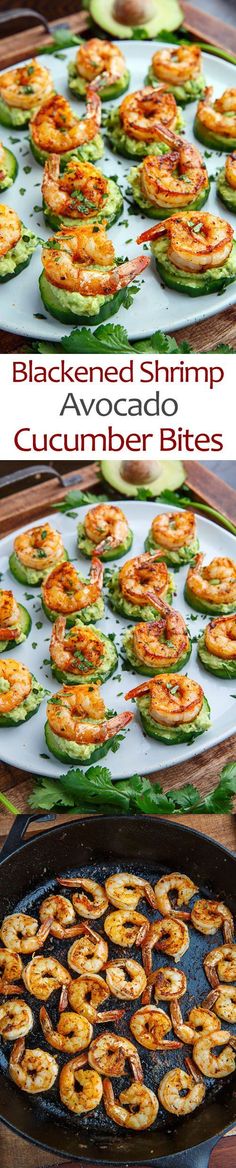 shrimp and cucumber bites being cooked in a cast iron skillet