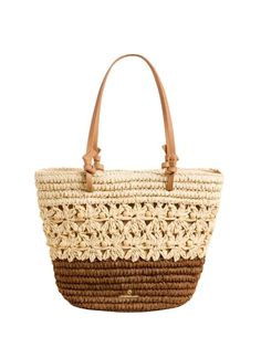 It's all in the details with our Straw Bucket! An intricately woven floral pattern of papyrus sits atop a brown papyrus bottom, woven together to create this always-on-vacation tote with knotted Napa leather shoulder straps. Brown Crochet Bag For Vacation, Elegant Brown Beach Bag For Vacation, Bohemian Brown Braided Beach Bag, Bohemian Braided Brown Beach Bag, Brown Braided Jute Bag, Chic Brown Braided Beach Bag, Brown Braided Natural Fiber Shoulder Bag, Brown Jute Straw Bag With Braided Details, Brown Natural Fiber Beach Bag With Open Weave