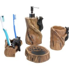 three pieces of wood with toothbrush holders and toothpaste