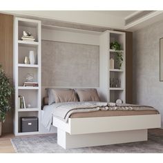 a bedroom with a bed, bookcases and plants on the wall above it