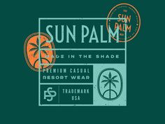 the sun palm resort logo is shown in orange and blue on a dark green background