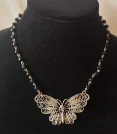 Nickel-free Black Beaded Necklace, Nickel-free Black Beaded Necklace As Gift, Nickel-free Black Beaded Necklace Gift, Nickel-free Black Beaded Necklace For Gift, Black Wire Wrapped Necklace For Party, Adjustable Metal Filigree Necklace, Butterfly Pendant Necklace, Ceramic Birds, Butterfly Pendant