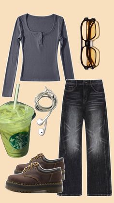 Grey Longsleeve Black Washed Out Denim Wide Leg Jeans Brown Platform Low Martens Brown Frame Yellow Lense Sunglasses Apple Wired EarPods Matcha Latte with Ice Swan Core, Cold Day Outfit, Cold Day Outfits, Twilight Bella, Denim Wide Leg, Bella Swan, Grey Outfit, Matcha Latte, Wide Leg Denim