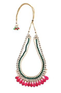 Red Green Gold plated Indian Necklace featuring glass kundan work, pearl embellishments with green onyx stones and plated with 22kt gold. This pretty necklace are a perfect match to all things pastels. Perfect to wear to dinner, and perfect gift for family members, friends or bridesmaid. LENGTH Earrings Length - 26 inches DETAILS -100% top Quality Faux Glass Polki -22K gold and silver Plated silver copper alloy. -Handcrafted in our all girls workshop in Paisley Pop Studio, Jammu and Kashmir STYL Green Necklaces With Latkans For Party, Green Latkans Necklace For Party, Green Kundan Necklaces With Latkans, Festive Green Beaded Pearl Necklace, Green Necklaces With Latkans For Puja, Bollywood Style Green Jeweled Necklaces, Festive Green Kundan Necklace With Latkans, Green Bollywood Necklace For Puja, Green Bollywood Style Necklace For Puja