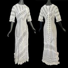 Gorgeous antique Edwardian mixed lace wedding, lingerie dress with a striking figure flattering pattern of asymmetrical Valenciennes lace inserts on very fine white cotton lawn fabric. This dress has a unique design with many lovely details. It features rows of insertion lace with bell shaped flowers and Fleur-de-lis, fine pintucks, elbow length sleeves with lace ruffle trim on the cuffs, it has a loosely formed stitched lace bow on the right side near the hemline, a small train with a couple of