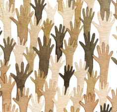 an image of many hands drawn in brown and beige colors on white paper with watercolor stains