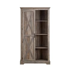 an open bookcase with two doors and shelves on the front, in grey wood