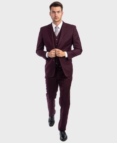 Fell confident wear this burgundy 3 piece Italian wool suit. It’s a modern and super stylish outfit most ideal for parties, dinners, weddings or any other social event that needs formal grooming. Details: Includes: Suit Jacket, Vest, and Pants JACKET: Full Lined, 2 Button closure, Notch Lapel. Side Vents PANTS: Flat Front Tapered, 37 Inch Inseam, unhemmed. Lined to the knee VEST: 5 button Fit: Modern fit Fabric: 100% Wool Care: Dry Clean only Imported Vest And Pants, Social Event, Jacket Vest, Stylish Outfit, 3 Piece Suits, Wool Suit, Social Events, Out Of Style, Modern Fit