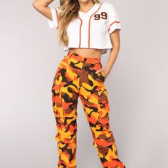 Button Up Crop Top With The Number 99 On The Front And The Word Hustle On The Back. Goes Great With Some Orange Camo Pants Like In The Picture! Trendy White Cargo Pants For Fall, Casual Multicolor Bottoms With Button Closure, Casual Orange Bottoms With Button Closure, White Pants With Button Closure For Day Out, Orange Camo Pants, Hustle And Flow, Army Clothes, Fly Outfit, Orange Camo