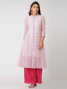 An Ivory and pink blockprinted chanderi kali dress with a separate cambric tunic Features: Front open 12 kali jacket dress with 3/4th sleeves Shell - pure cotton silk fabric Lining - separate matching slip in soft cotton Hand block printed in Pink Handmade in India Garment measurements (in Inches): Size XS : Bust-34", Waist-29", Hip-Flared, Shoulder-14", Length-47", Sleeve length-17" Size S : Bust-36", Waist-31", Hip-Flared, Shoulder-14.5", Length-47", Sleeve length-17" Size M : Bust-38", Waist- Kali Dress, Cotton Silk Fabric, Kurta Dress, Silk Jacket, Pink Fabric, Cotton Silk, Xl Dress, Dresses Xs, Silk Fabric