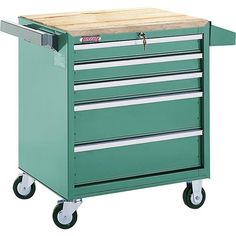 a green tool box on wheels with a wooden top and two drawers in the middle