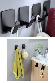 three different pictures of towels hanging on the wall