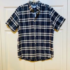 Brand New-Gap Blue Plaid Standard Fit Short Sleeved Button Down Shirt. Size Large. 98% Cotton And 2% Spandex. Machine Washable. Great Gift. Casual Plaid Button-up Tops, Navy Shirt With Button Closure For Summer, Navy Button-up Shirt For Summer, Plaid Short Sleeve Shirt For Everyday, Summer Plaid Shirt For Casual Gatherings, Plaid Cotton Short Sleeve Shirt With Button Closure, Casual Navy Collared Short Sleeve Shirt, Casual Navy Short Sleeve Shirt For Summer, Casual Navy Summer Shirt