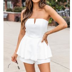 This Is A Beautiful White Romper. Ordered The Wrong Size. Pink Lily White Romper Size Xs. Brand New With Tags! Romper With Heels, Ruffled Shorts, Bridal Events, Wedding Casual, Bachelorette Outfits, Maxi Dress Pattern, Strapless Romper, Strapless Neckline, Bach Party