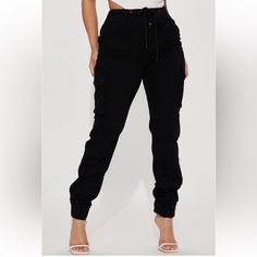 Brand New Fashion Nova Cargo Pants. Never Worn Only Washed And Air Dry. Size M With Elastic Waistband And Cuffs. 98% Cotton 2% Spandex $30 Shipped Black High Rise Bottoms With Elastic Waistband, High Waist Black Jeans With Elastic Waistband, Black Parachute Pants For Night Out, High Waist Cargo Pants With Pockets For Night Out, High Waist Pants With Cargo Pockets For Night Out, High-waist Cargo Pants With Pockets For Night Out, High Waist Pants With Side Pockets For Night Out, Black Cargo Bottoms For Night Out, Non-stretch Black Cargo Pants