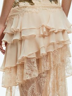 Nelia Sequined High Low Ruffled Maxi Dress In Pale Gold | Alice And Olivia Elegant Lace Maxi Dress With Ruffle Hem, Maxi Party Dress With Layered Hem, Party Dress With Ruffles And High-low Hem, Elegant Fitted High Low Dress With Ruffles, High-low Hem Dress With Ruffles For Party, Feminine Tiered Maxi Dress For Party, Feminine Tiered Skirt Maxi Dress For Party, Elegant High Low Wedding Dress, Evening Dresses With Ruffled Asymmetrical Skirt