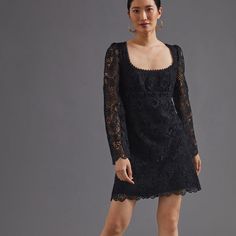 Nwt Anthropologie Maeve Embroidered Lace Mini Dress. Size- 2. Color- Black. Standard Fit. Polyester, Viscose Lining. Embroidered Lace Detail. Bell Sleeves. Mini Silhouette. Back Zip. Machine Wash. Falls 34” From Shoulder To Bottom Hem. “Bell Sleeves, Intricate Embroidery, And A Dainty Feminine Silhouette- The List Of Things To Love About This Dress Is Endless”. Staple Lbd For Your Closet! Black Lace Mini Dress, Metallic Mini Dresses, Embroidered Lace Dress, Warrior Queen, Scoop Neck Dress, Feminine Silhouette, Intricate Embroidery, Greek Goddess, Purple Flower