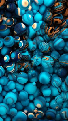 blue and brown balls are stacked together in the shape of an abstract pattern on a black background