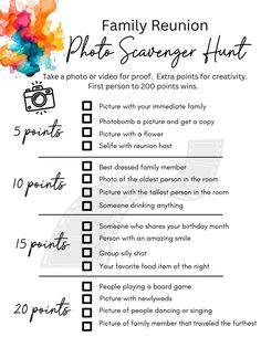 the family reunion photo scavenger hunt is shown in this printable checklist