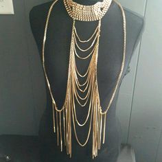 Gold Draping Body Chain, Choker, Costume Jewelry, Never Worn Choker Shoulder Necklace, Gold Metal Body Chain For Festival, Gold Bohemian Body Chain, Bohemian Gold Metal Body Chain, Metal Body Chain In Choker Style, Metal Body Chain In Choker Shape, Metal Body Chain Choker, Gold Metal Choker Body Jewelry, Bohemian Gold Clavicle Chain Body Jewelry