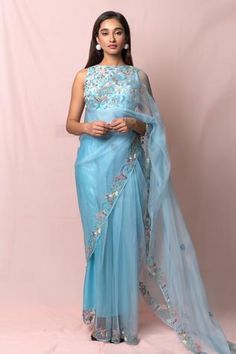 Shop for Pinup By Astha Blue Organza Saree With Blouse for Women Online at Aza Fashions Sky Blue Organza Saree, Blue Organza Saree, Organza Saree With Blouse, Organza Embroidery, Blue Organza, Organza Sarees, Embroidered Border, Stylish Blouse Design, Blue Saree