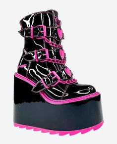 Brand new with box. US Womens size 8. Power Puff Boots, Pink Bat Shoes, Hot Pink Goth Shoes, Rainbow Demonia Boots, Draculaura Converse, Yru Qloud Shoes, Draculaura Skullette, Black And Pink Clothes, Pink And Black Shoes