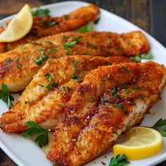 some fish is on a plate with lemon wedges and garnished parsley