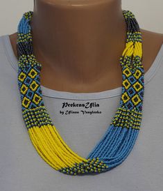 Yellow/ Blue/Black  Traditional Ukrainian Beads NECKLACE African Ornaments, Ukraine 2022, Ukrainian Clothing, Native Beadwork, Beaded Necklace Diy, Ethnic Necklaces, Beaded Jewellery, Necklace Patterns, Beaded Jewelry Patterns