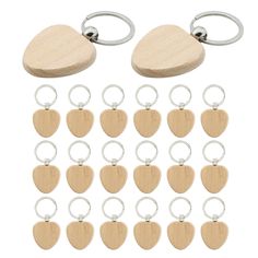 wooden guitar picks and key chains with metal rings