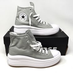 NIB Converse Women's Chuck Taylor All Star Move Hi  Shoes, Slate, Sz 8.5 Color: Slate Sage Size: 8.5 1.5" platform Canvas upper Flatform sole Lace-up style SmartFOAM footbed I  focus on describing each item as honestly and accurately as possible. Please do not hesitate to contact me with any questions. Returns are accepted, unless stated otherwise, but items must be in the original condition which includes original tags. Shoes must not show any wear on the bottom.  Don't forget to check out my store for other must have items! Message me if you are interested in several items to save on shipping! Thanks so much! Chuck Taylor All Star Move, Grey Converse, Must Have Items, Womens Converse, Converse All Star, Chuck Taylor All Star, Platform Shoes, Chuck Taylor, Up Styles