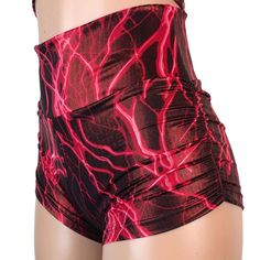 Sexier and more flattering! Our classic booty shorts made in red lightning metallic spandex with ruching on each side. Made to flatter your figure and move with you. This amazing fabric has red lightning streaks (looks amazing under a blacklight) with a gold metallic sheen. These shorts are popular for pole fitness and aerial performers. The standard inseam is 2.5" Red Stretch Gym Shorts, Stretch Red Biker Shorts For Gym, Red Stretch Biker Shorts For Gym, Fitted Red Athletic Shorts For Gym, Fitted Red Gym Shorts, Red High-waisted Athletic Shorts With Built-in Shorts, Fitted Red Athletic Shorts For Summer, Fitted Red Short Bottoms, Fitted Red Athletic Shorts For Sports