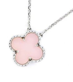 Van Cleef & Arpels 18K WG Vintage Alhambra Pink Opal Necklace Van Cleef And Arpels Jewelry Silver, Pink Van Cleef Necklace, Van Cleef Silver Necklace, Van Cleef And Arpels Butterfly Necklace, Van Cleef Arpels Silver, Formal Jewelry With Polished Flower Pendant, Formal Flower Pendant Jewelry With Polished Finish, Formal Polished Flower Pendant Jewelry, Designer Polished Finish Necklaces For Formal Occasions