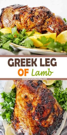 greek leg of lamb on a plate with lemons and parsley garnish