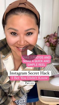 a woman holding up an instagram button with the words instagram secret hack on it