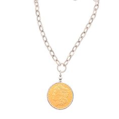 A vintage gold coin pendant necklace with silver chain. Gold Dollar, Gold Coin Pendant, Gold Coin Necklace, Gold Coin, Coin Necklace, Coin Pendant, Gold Coins, Antique Finish, Mixed Metals