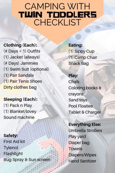 the camping with twin toddlers checklist is filled with toys and other things to pack in