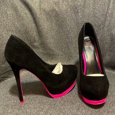 Shiekh Women’s Black And Pink, Pink Bottoms Platform Heels Size 10. 6” Heel. Never Worn Outdoors. Pink And Black Quinceanera, Hot Pink And Black Wedding, Pink Black Weddings, Studio Vibes, Pink Bottoms, Pink Bottom, Fairytale Dress, Black Sandals Heels, Pink Heels