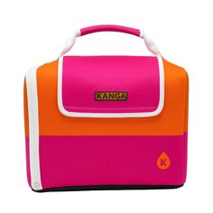 an orange, pink and white lunch bag with the word kanga written on it